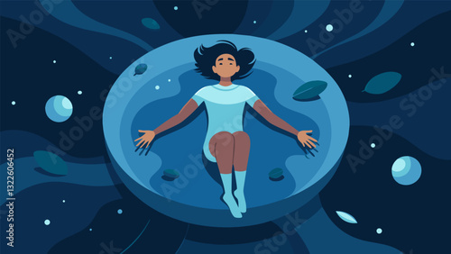Inside the float tank a person is completely surrounded by darkness and silence immersed in a weightless state with only their thoughts and the gentle lapping of the water to keep. Vector illustration