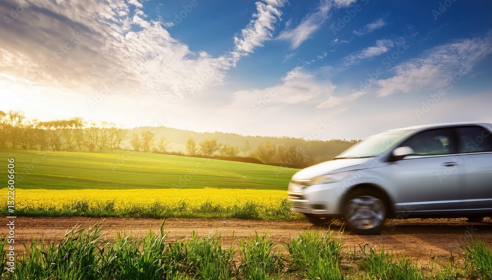 Blurred Car in Spring Field Misty Morning Serenity with Hues of Verdure and Muted Tones, Capturing a Peaceful Scene of Natures Awakening Blurred Car in Spring Field Misty Morning Serenity with Hues of Verdure and Muted Tones, Capturing a Peaceful Scene of Natures Awakening