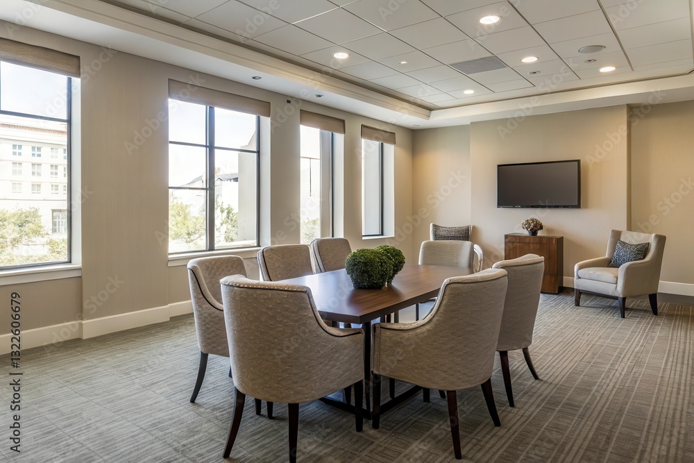 Fototapeta premium Meeting Room With Elegant Seating Arrangement and Large Windows for Natural Light Generative AI