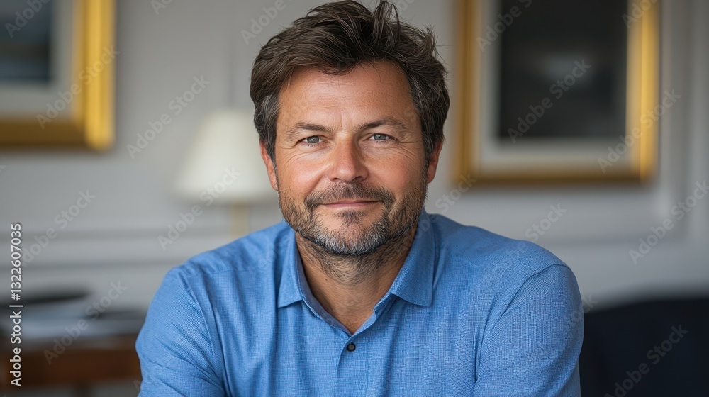 Naklejka premium A man with a beard smiles warmly while sitting in a well-furnished room. He wears a blue shirt and is surrounded by stylish decor, conveying a relaxed and approachable atmosphere
