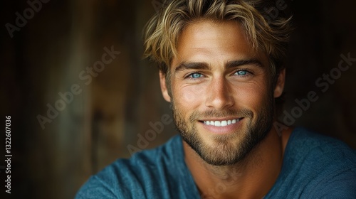 A man with wavy blonde hair and striking blue eyes smiles confidently while sitting in a cozy environment with warm lighting, exuding charm and approachability