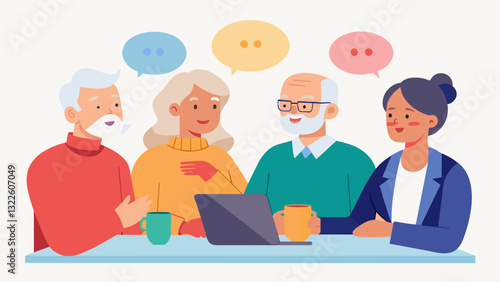 A panel of retired individuals sharing their experiences and offering advice on how to successfully navigate retirement.. Vector illustration