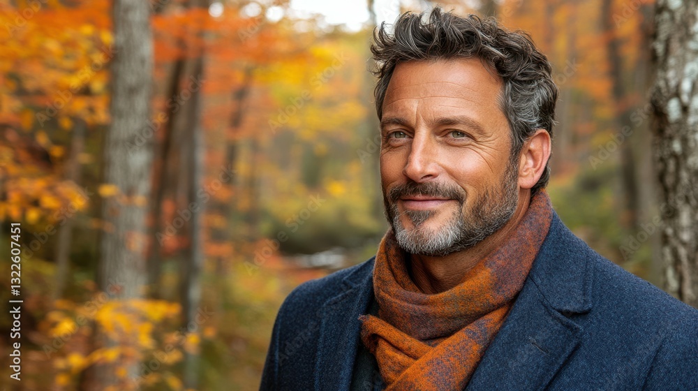 A man stands amidst vibrant autumn leaves, wearing a cozy scarf and a coat. The warm sunlight filters through the trees, creating a serene atmosphere perfect for outdoor enjoyment A man stands amidst vibrant autumn leaves, wearing a cozy scarf and a coat. The warm sunlight filters through the trees, creating a serene atmosphere perfect for outdoor enjoyment