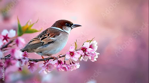 Small Bird on Pink Blossoms photo