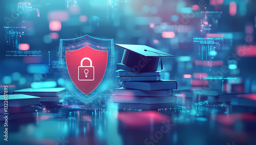 Digital Education Security: A symbolic representation of education with a digital security shield, graduation cap, and books, all amidst a vibrant digital backdrop.