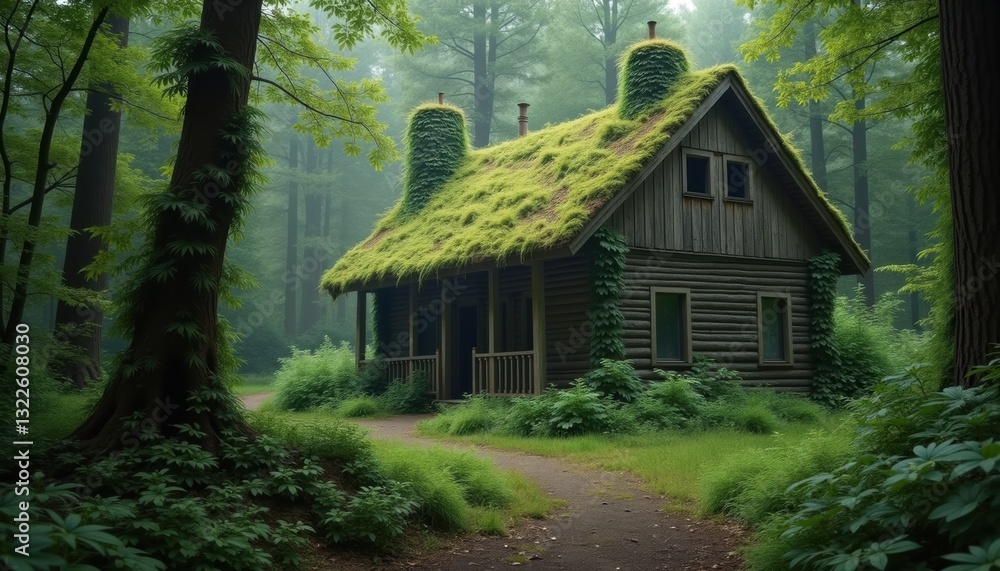 Overgrown Forest with Abandoned Wooden Cabin in Misty Morning Light Overgrown Forest with Abandoned Wooden Cabin in Misty Morning Light