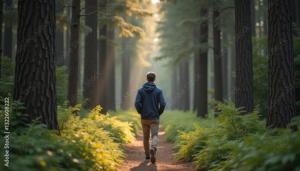 Obraz premium Man Walking Through Dense Forest, Immersed in Nature and Mindfulness