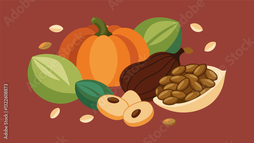 Elevate your snacking game with this premium nut and seed sampler including delicate pine nuts hearty pumpkin seeds almonds coated in dark chocolate. Vector illustration
