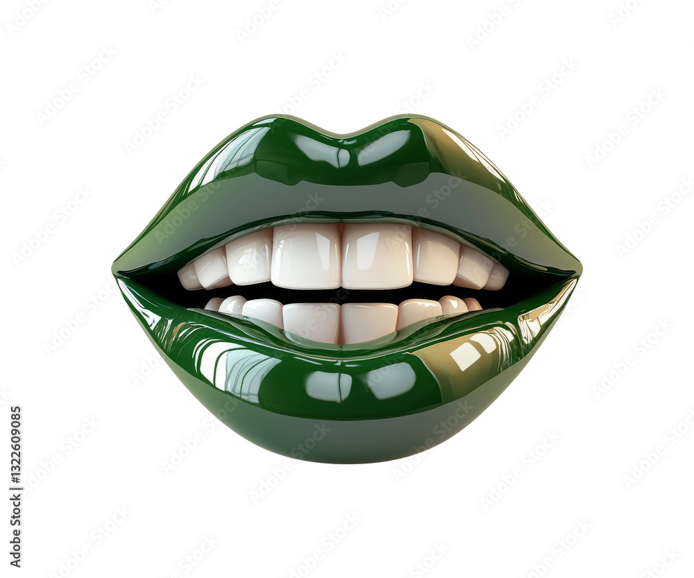Obraz premium Glossy Green Lips with Bright White Teeth on Black Background
