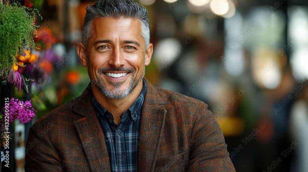 Fototapeta premium A man with gray hair and a beard smiles warmly while wearing a brown jacket over a plaid shirt. The background features colorful flowers and lively shoppers