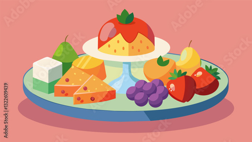 Elevate your snack game with a premium selection of unusual fruits and imported cheeses served on a crystal platter.. Vector illustration