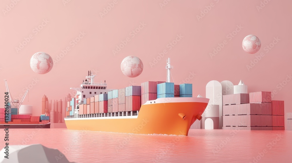 Naklejka premium 3D rendered import-export logistics in pastel tones, flat design, visualizing global cargo transport. 