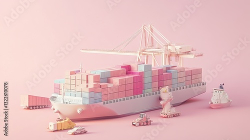 3D rendered import-export logistics in pastel tones, flat design, visualizing global cargo transport. 