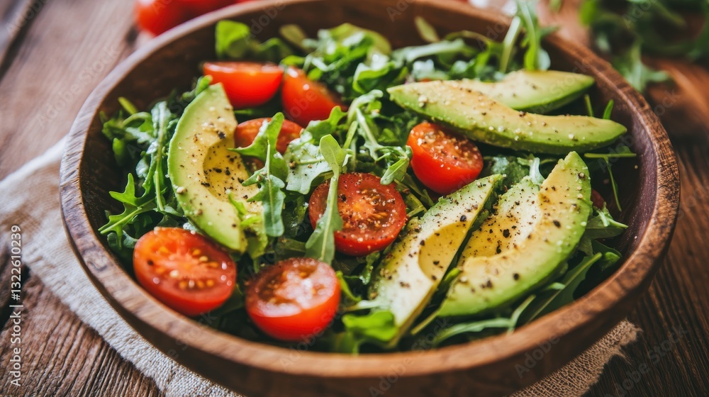 Fresh Salad with Avocado and Cherry Tomatoes Served in a Wooden Bowl on a Rustic Table with Natural Lighting Fresh Salad with Avocado and Cherry Tomatoes Served in a Wooden Bowl on a Rustic Table with Natural Lighting