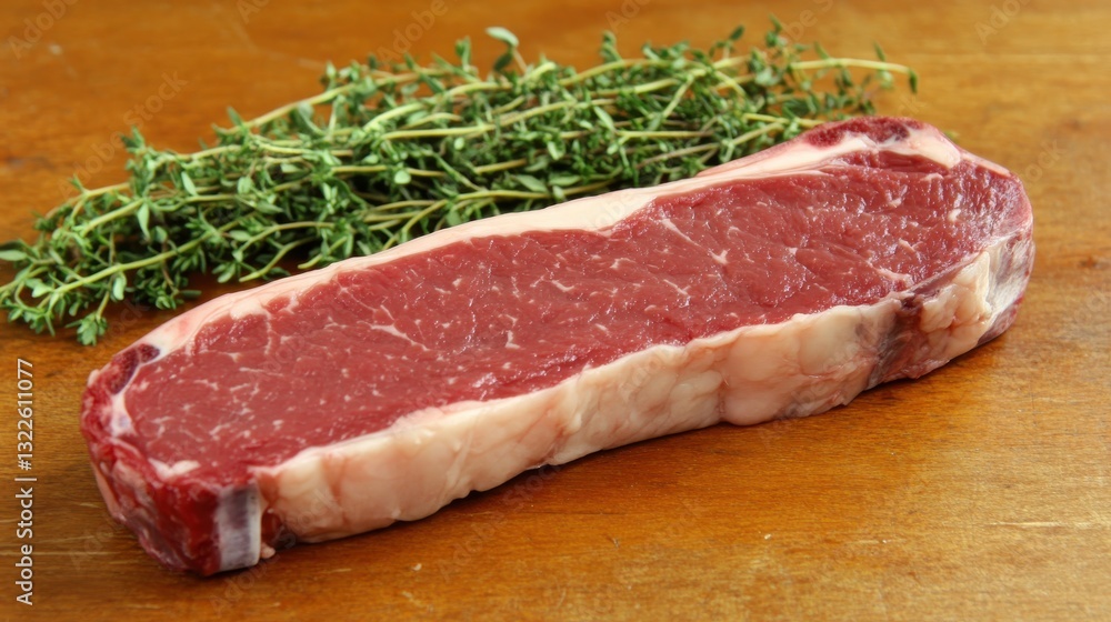 Fresh Raw Ribeye Steak with Green Thyme Herb on Wooden Cutting Board for Culinary Preparation and Recipe Inspiration Fresh Raw Ribeye Steak with Green Thyme Herb on Wooden Cutting Board for Culinary Preparation and Recipe Inspiration