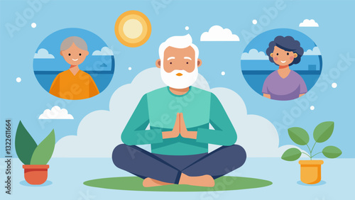 A relaxing guided visualization exercise helps the seniors to tap into their imagination and create a peaceful and calming mental oasis.. Vector illustration