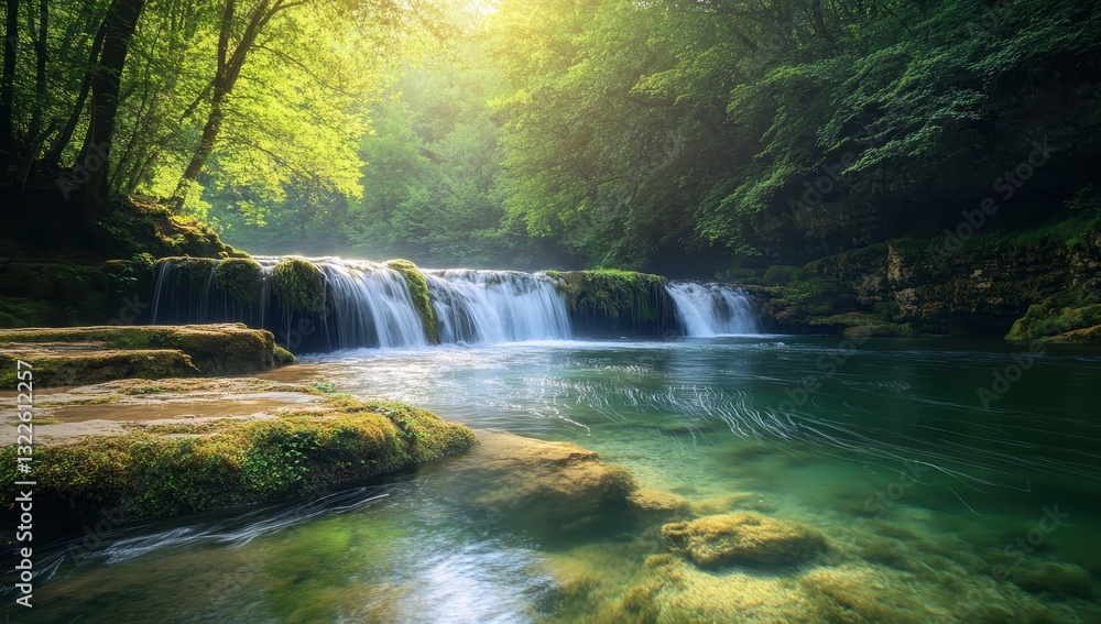 Obraz premium Serene Waterfall in Lush Green Forest with Gentle Flowing Water and Sunlight Illuminating Tranquil Natural Landscape Scene