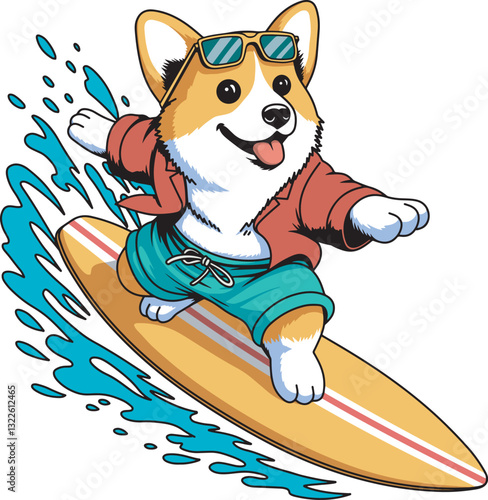 Cute corgi dog surfing cartoon drawing illustration