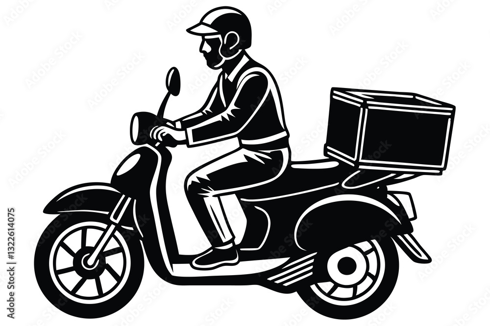 Fototapeta premium Courier Man carrying package on motorbike Silhouette, Delivery men carry a box black Vector