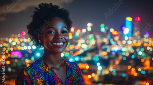 A joyful woman with curly hair stands against a backdrop of a shimmering city skyline at night. Colorful lights illuminate the urban landscape, creating a lively atmosphere