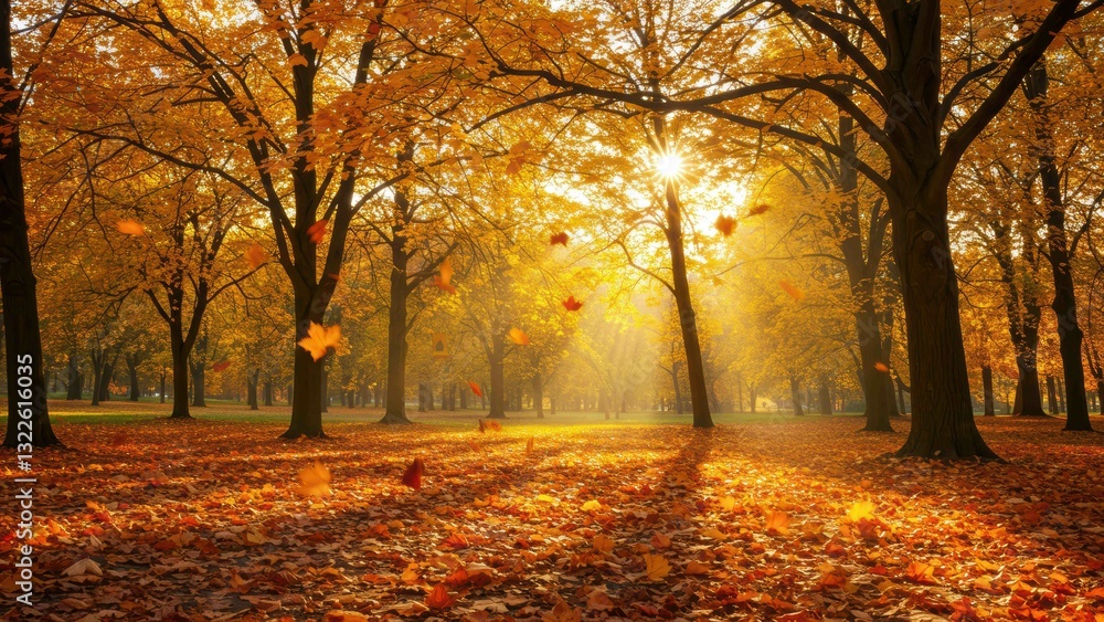 Fototapeta premium Autumn trees display golden leaves in a serene park during the golden hour, showcasing seasonal change and natural beauty