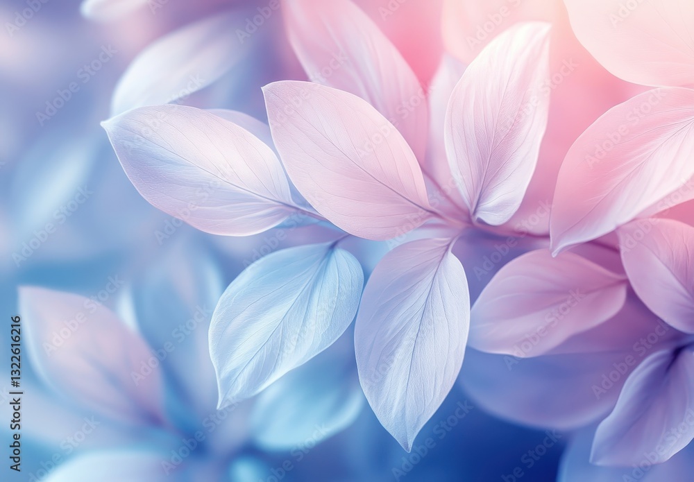 Fototapeta premium Soft Pastel Leaves on an Ethereal Background, Ideal for Nature-Inspired Designs and Tranquil Backgrounds in Sweet Color Palettes