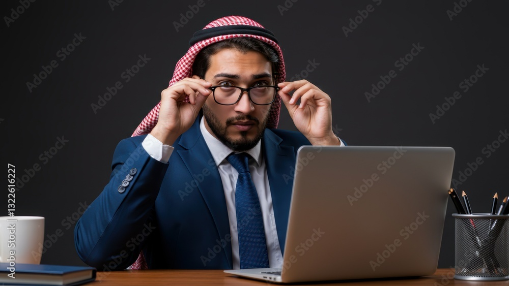 Middle Eastern man in business suit adjusts glasses while working on laptop in modern office environment, showcasing professionalism Middle Eastern man in business suit adjusts glasses while working on laptop in modern office environment, showcasing professionalism