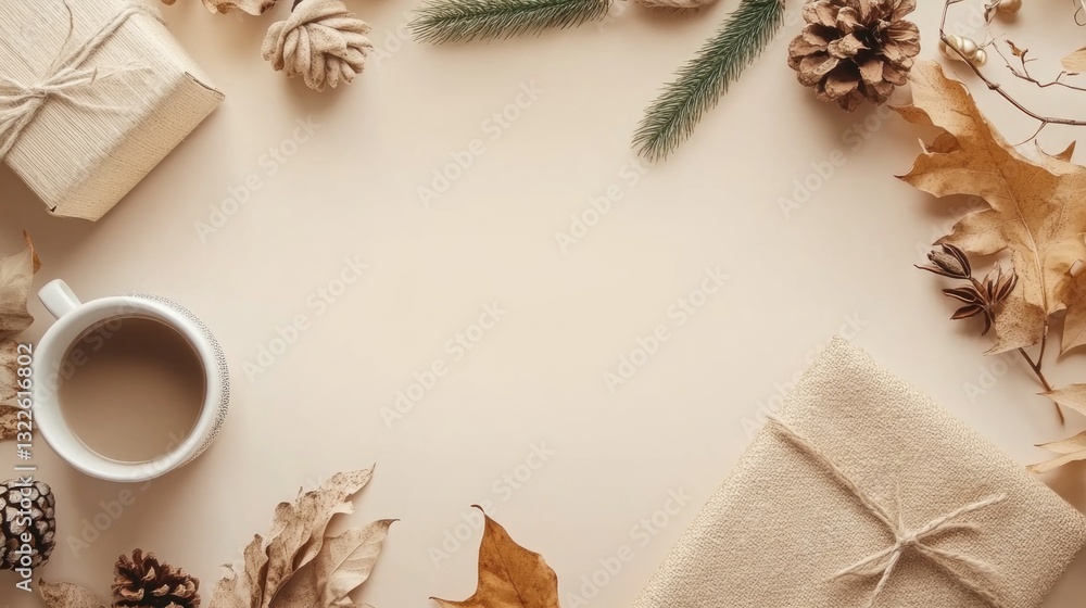 Obraz premium Gifts coffee and autumn decorations arranged on neutral background