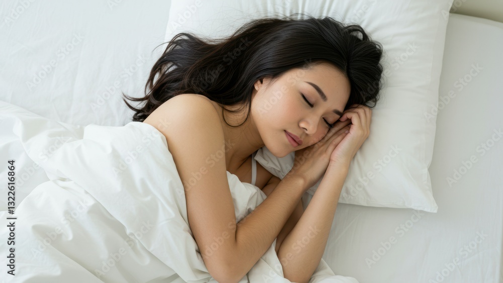 Asian woman sleeping peacefully in white bedding in cozy bedroom, showcasing serenity and relaxation Asian woman sleeping peacefully in white bedding in cozy bedroom, showcasing serenity and relaxation