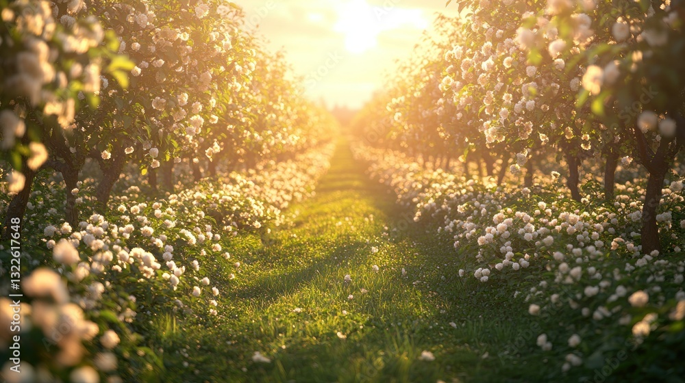 Blossoming orchard path at sunset Blossoming orchard path at sunset