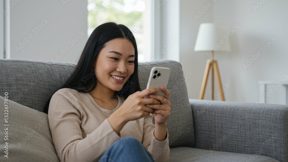 Asian woman using smartphone while sitting on couch in modern living room, enjoying digital communication and social connectivity Asian woman using smartphone while sitting on couch in modern living room, enjoying digital communication and social connectivity