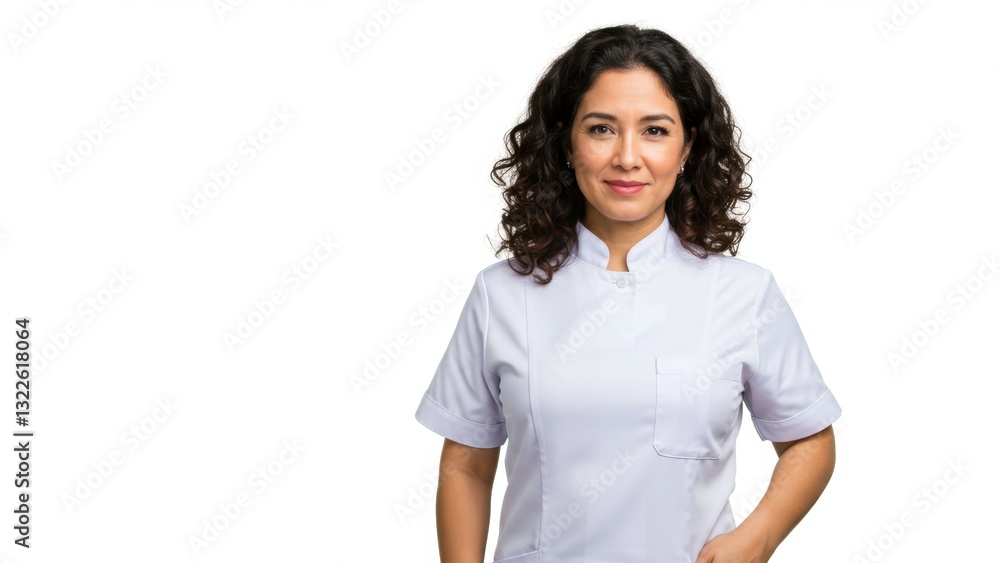 Hispanic female healthcare professional in medical uniform, confident pose against white background Themes of diversity and wellness Hispanic female healthcare professional in medical uniform, confident pose against white background Themes of diversity and wellness