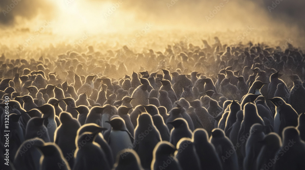 Obraz premium dramatic scene of thousands of king penguins in misty golden light