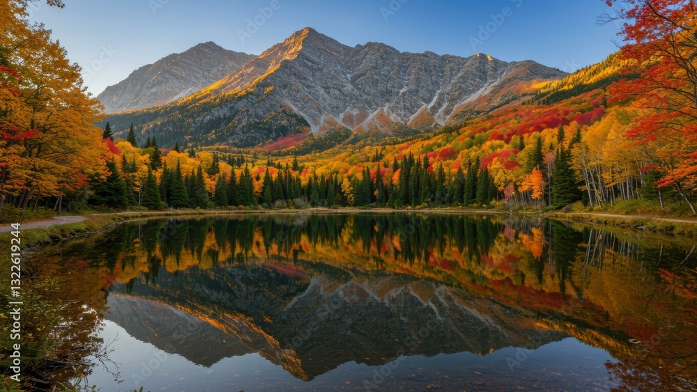 Fototapeta premium Vibrant autumn landscape with colorful trees, mountain range, and calm lake reflecting the scenery Perfect for eco tourism themes