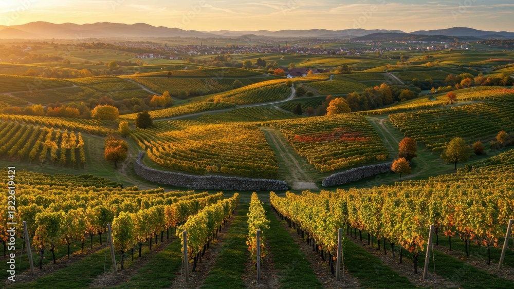 Naklejka premium Vineyard with rows of green grapevines on hills during autumn sunset in rural Germany Concept of agriculture and sustainability