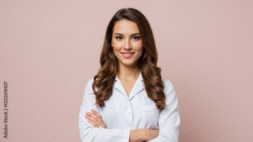 Asian female doctor smiling in lab coat, arms crossed against pastel background Healthcare, confidence, professionalism Asian female doctor smiling in lab coat, arms crossed against pastel background Healthcare, confidence, professionalism