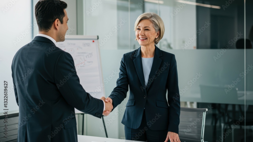 Caucasian businesswoman and Hispanic businessman shake hands in modern office Themes: diversity, workplace collaboration Caucasian businesswoman and Hispanic businessman shake hands in modern office Themes: diversity, workplace collaboration