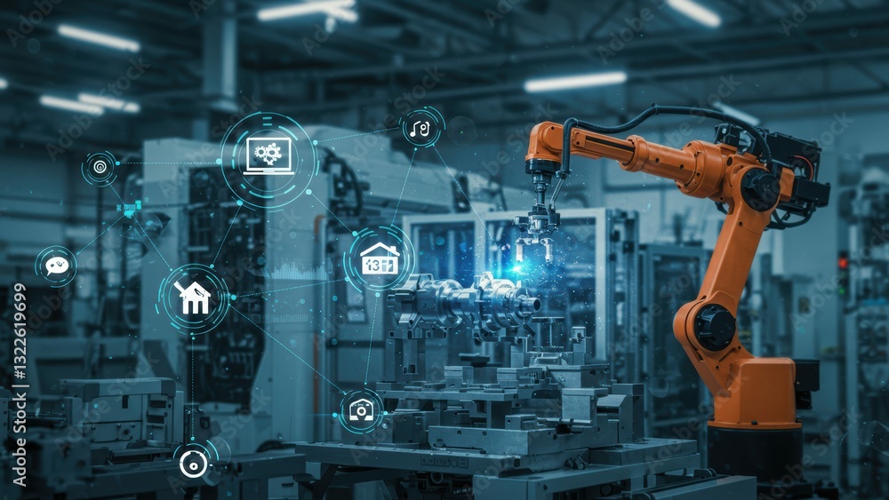 Industrial robot working on production line in modern factory Focus on automation, technology, and engineering advancements Industrial robot working on production line in modern factory Focus on automation, technology, and engineering advancements