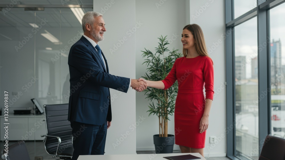 Fototapeta premium Caucasian businessman shakes hands with Caucasian businesswoman in modern office with city backdrop Themes of collaboration and diversity