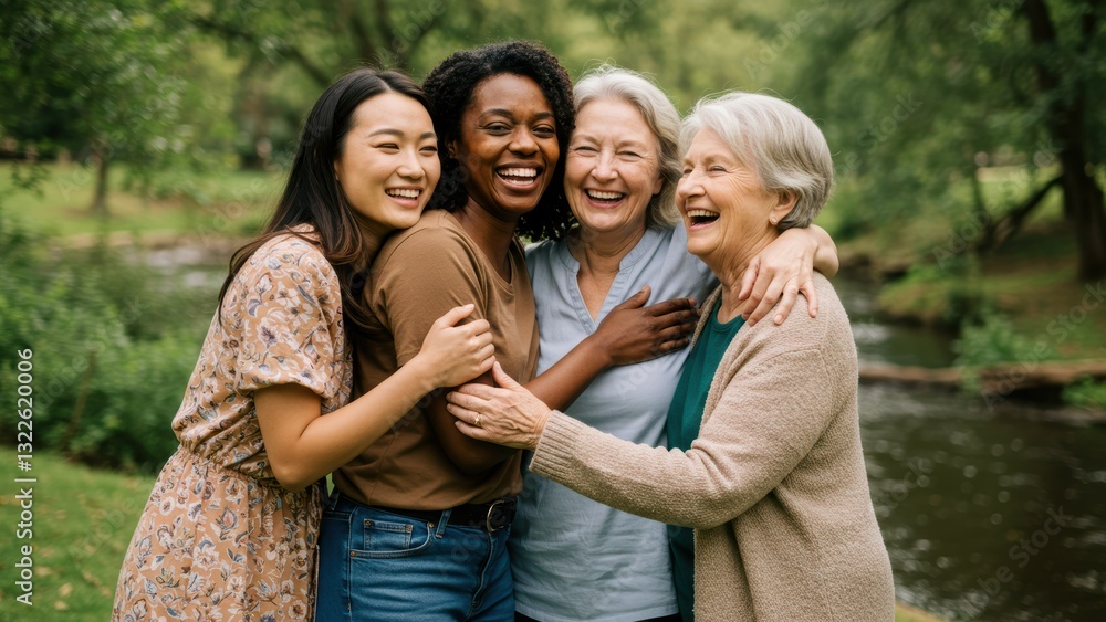 Young Asian woman, young Black woman, middle aged and elderly white women laughing in outdoor park promoting friendship and diversity Young Asian woman, young Black woman, middle aged and elderly white women laughing in outdoor park promoting friendship and diversity
