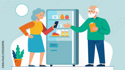 A retired couple using a smart refrigerator to keep track of expiration dates and automatically generate grocery lists for healthier eating.. Vector illustration