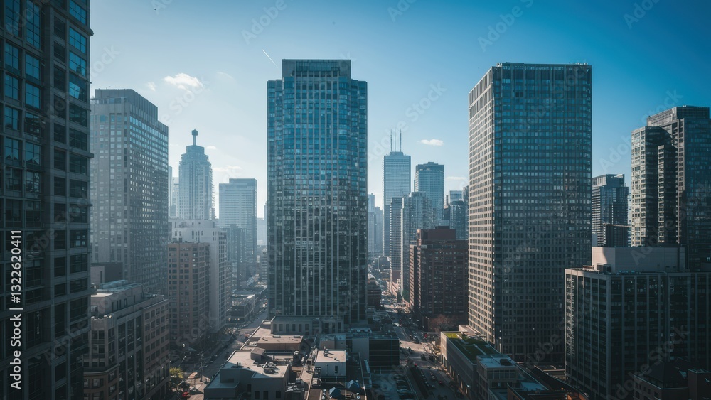 Fototapeta premium Modern skyscrapers dominate the Chicago skyline under a clear sky, representing urban lifestyle and development