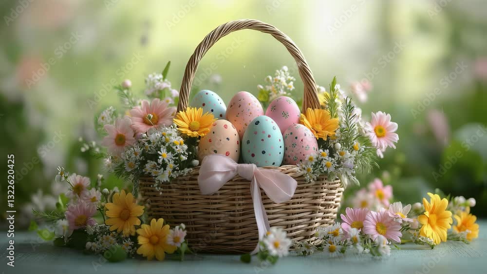 Colorful Easter eggs in a decorative basket surrounded by spring flowers on a sunny day in a garden