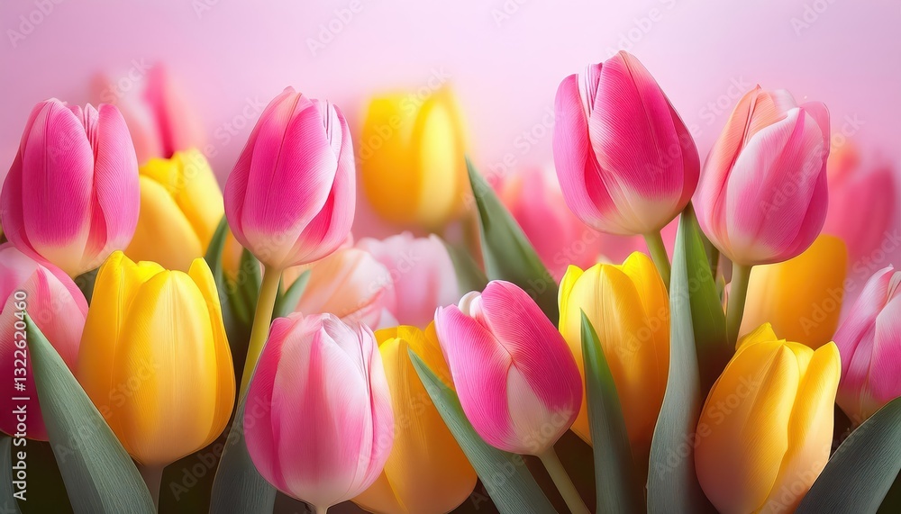 Vibrant Spring Greeting Card, Celebrating the Blooming of Pink and Yellow Tulips in a Sunlit Garden, Capturing the Essence of Natures Rebirth with Elegance and Joy. Vibrant Spring Greeting Card, Celebrating the Blooming of Pink and Yellow Tulips in a Sunlit Garden, Capturing the Essence of Natures Rebirth with Elegance and Joy.