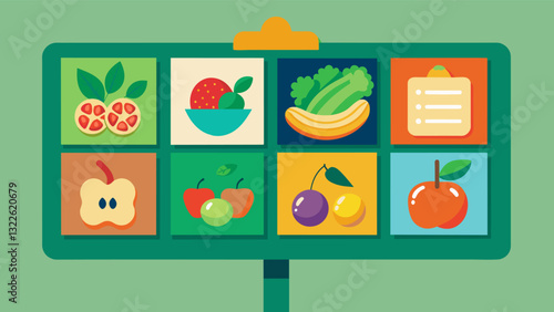 A menu board adorned with colorful illustrations of nutrientdense foods is displayed at a senior living facility listing out the diverse meal options created by their dedicated. Vector illustration