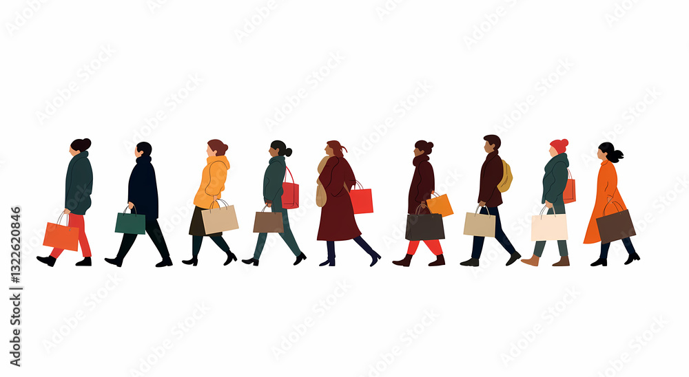 Retail Therapy Parade: A lively illustration showcases a diverse group of individuals strolling along, each carrying shopping bags, exuding the vibrant energy of a shopping spree. Retail Therapy Parade: A lively illustration showcases a diverse group of individuals strolling along, each carrying shopping bags, exuding the vibrant energy of a shopping spree.