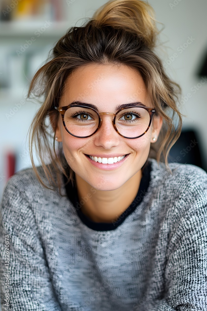 Indoor close-up of a smiling woman in glasses with personal touch Indoor close-up of a smiling woman in glasses with personal touch