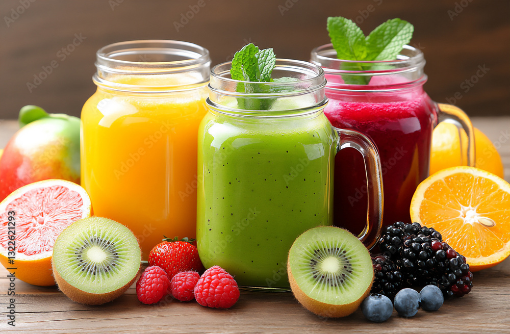 a photo of colorful smoothies in mason jars, a photo of colorful smoothies in mason jars,