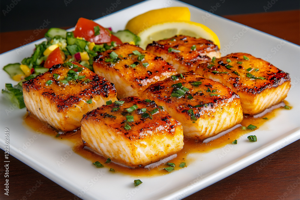 a photo of perfectly grilled fish fillets on a white plate with a salad, a photo of perfectly grilled fish fillets on a white plate with a salad,