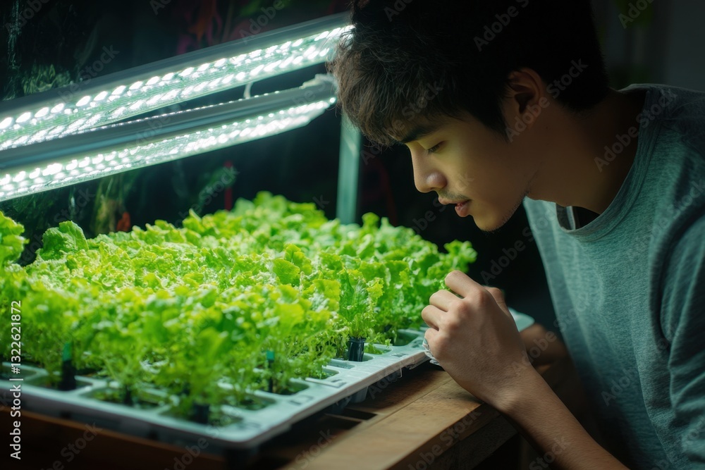 Obraz premium Young Man Inspecting Indoor Lettuce Garden